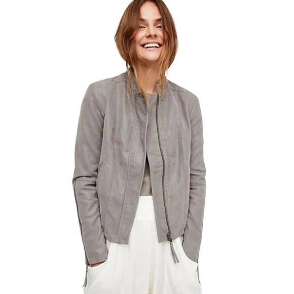 Free People Women's Faux Vegan Leather Moto Jacket- Grey Size 8 - Picture 1 of 13